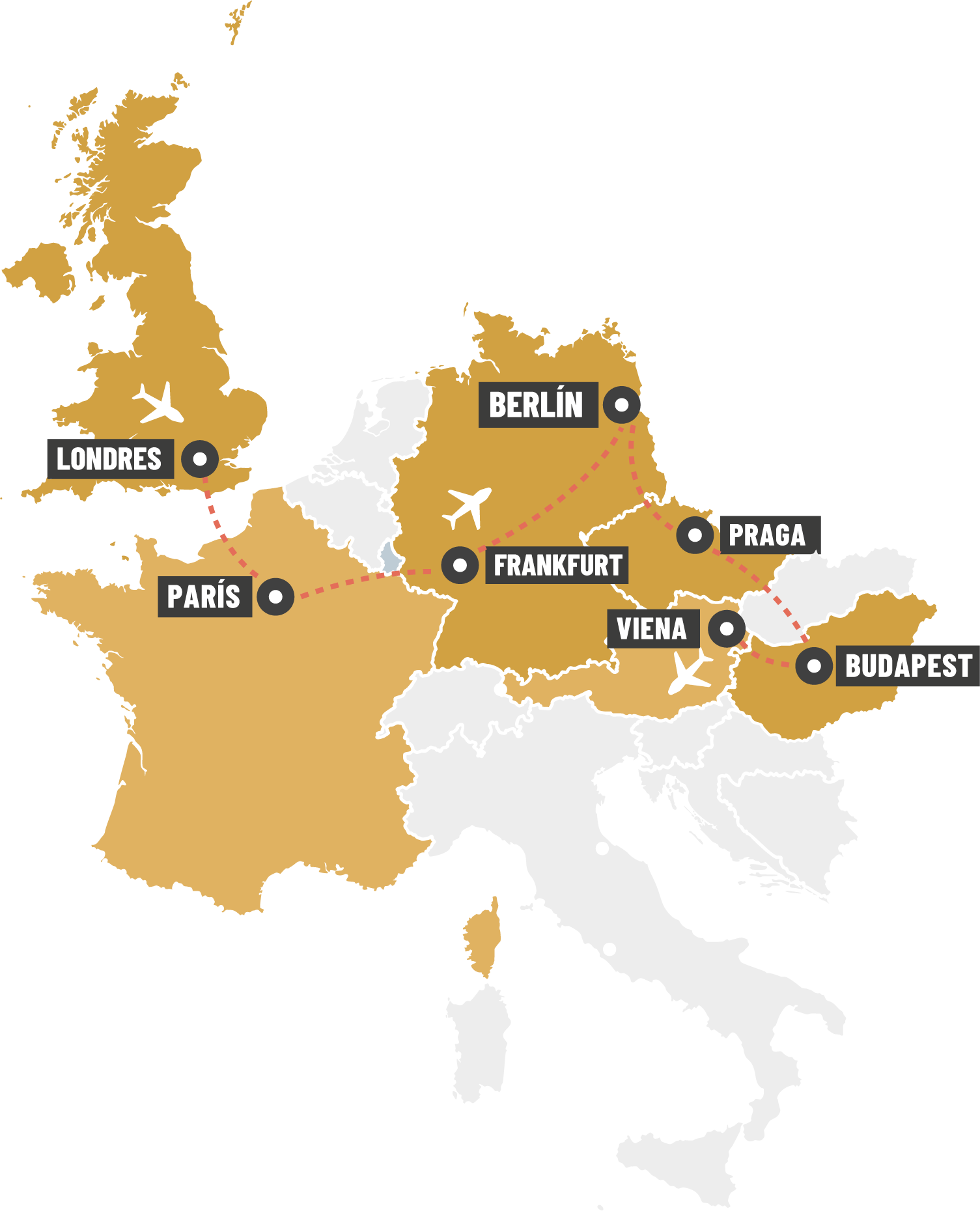 Mapa del recorrido DE LONDRES A VIENA 2026