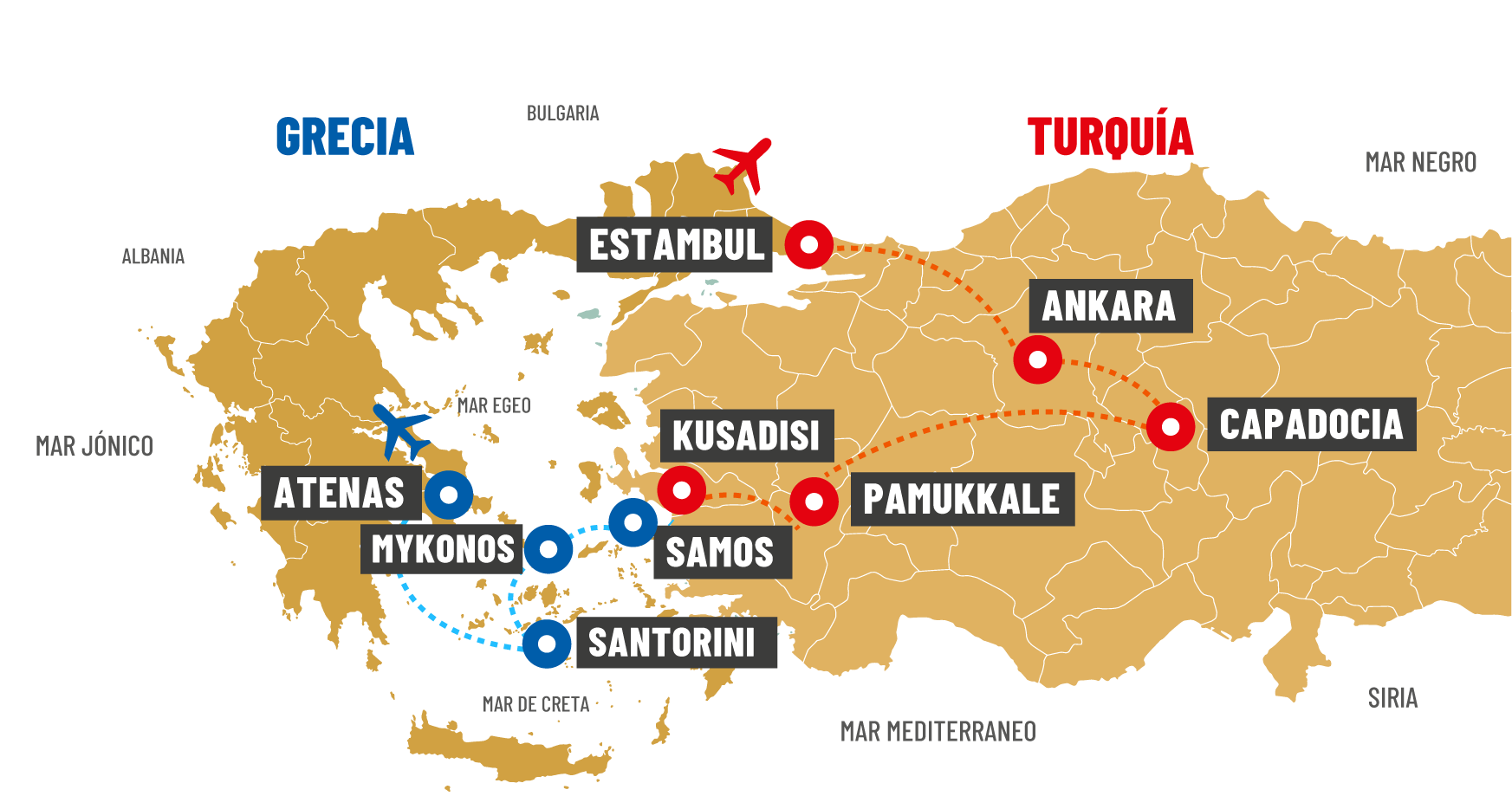Mapa del recorrido TURQUÍA & GRECIA ESPLÉNDIDA 2026